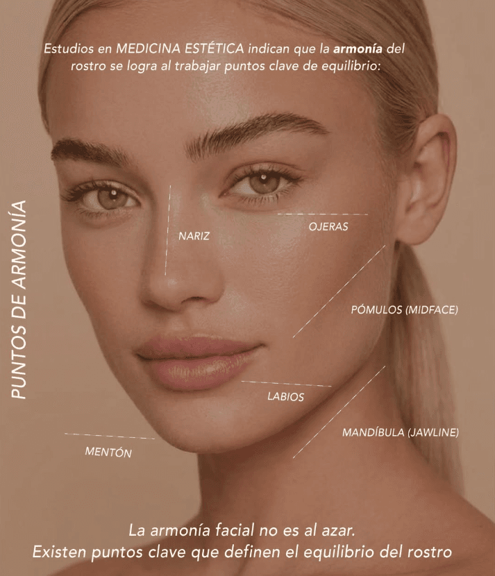 Diagrama de los puntos clave de armonía facial: nariz, ojeras, pómulos, labios, mandíbula y mentón